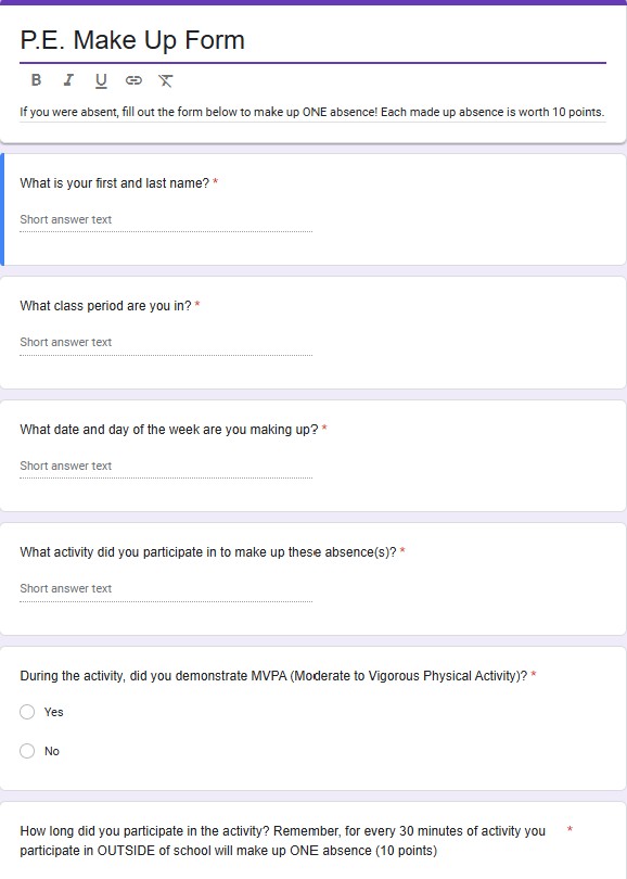 P.E. Make Up Forms
